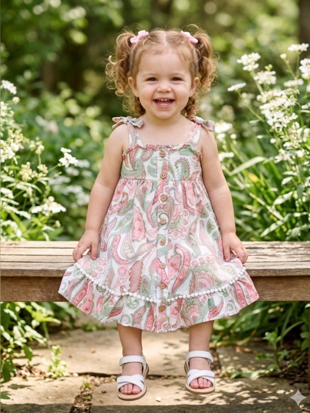Haute Hippie Boho Girls Paisley Pompom Trim Pink Mint Adorable Summer Dress 2T